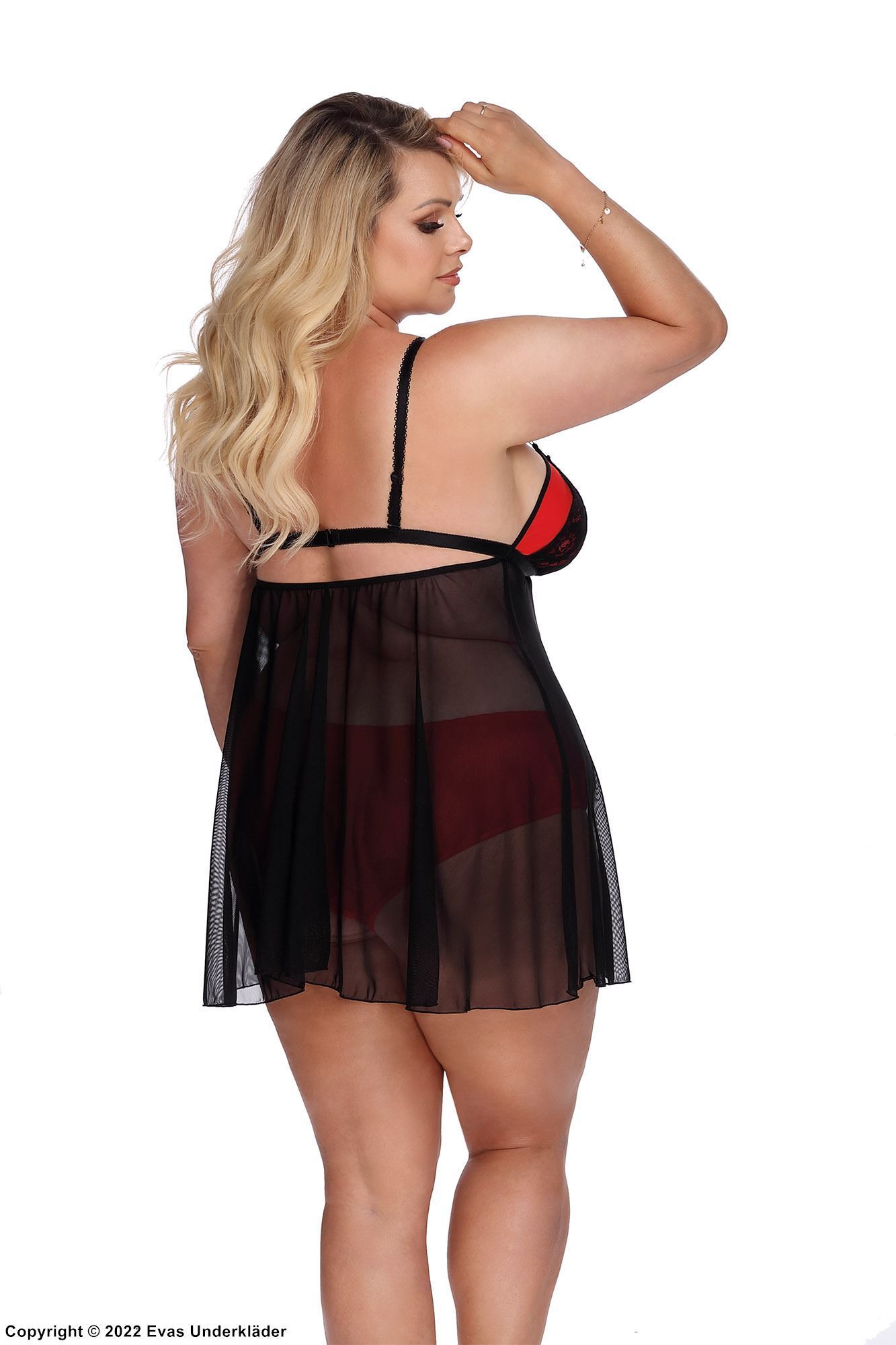 Elegant nightdress, sheer mesh, straps over bust, lace cups, rings, plus size